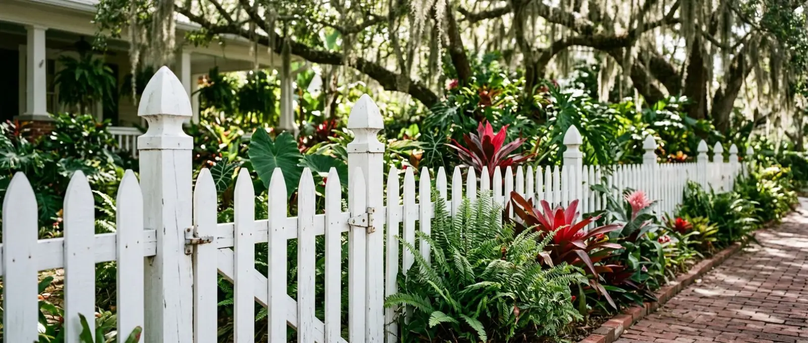 White wood picket fence in front of ferns and bromeliads beside a brick sidewalk