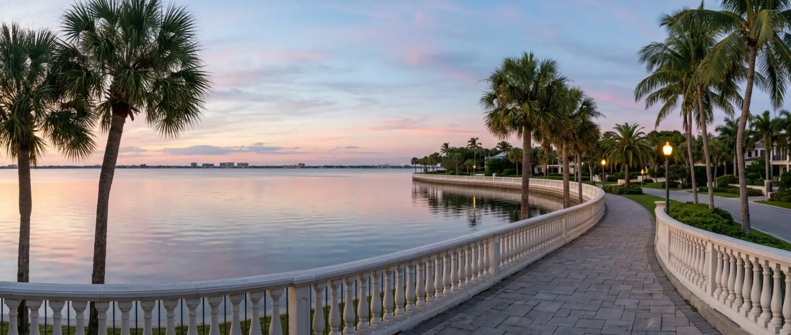 Palm-lined bayside walkway with a white balustrade at dusk