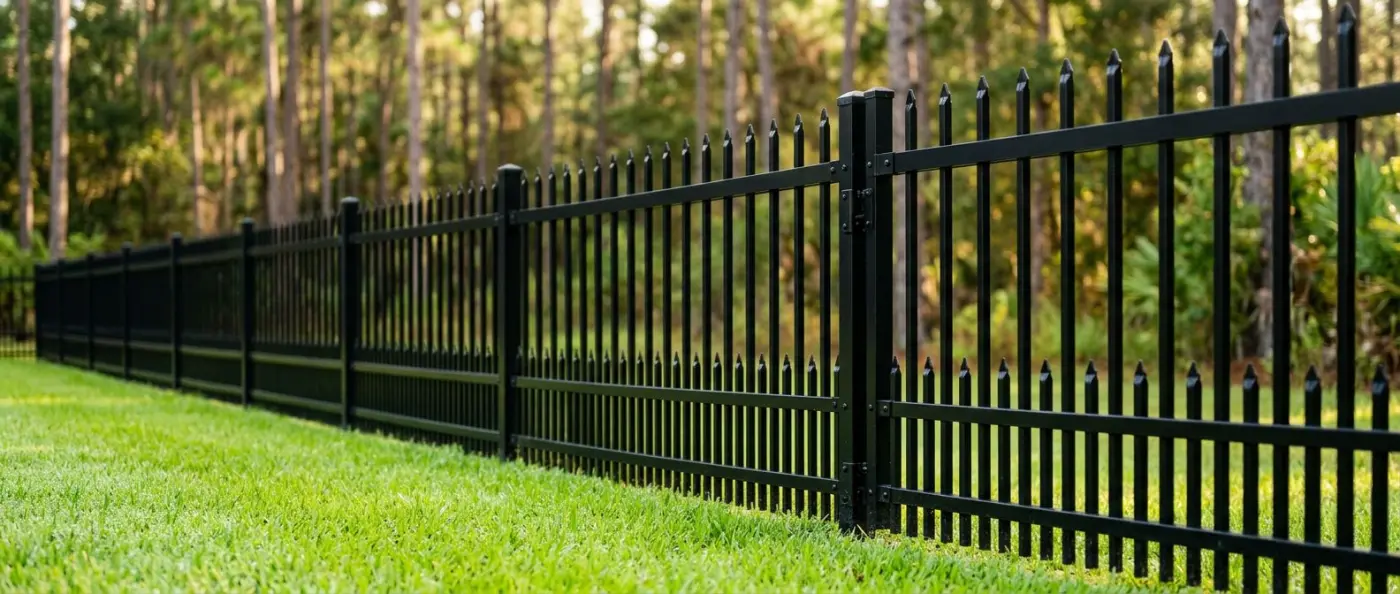 Black aluminum puppy-picket fence along a green lawn