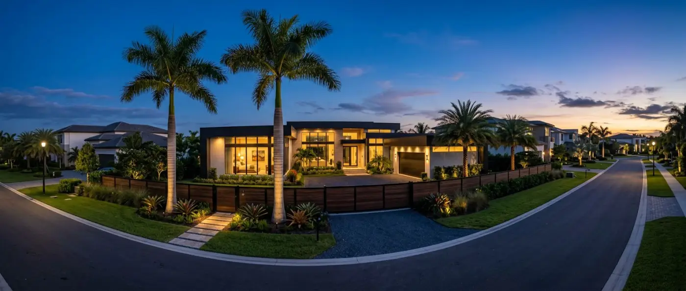 Modern Florida home at dusk with a horizontal fence and driveway gate