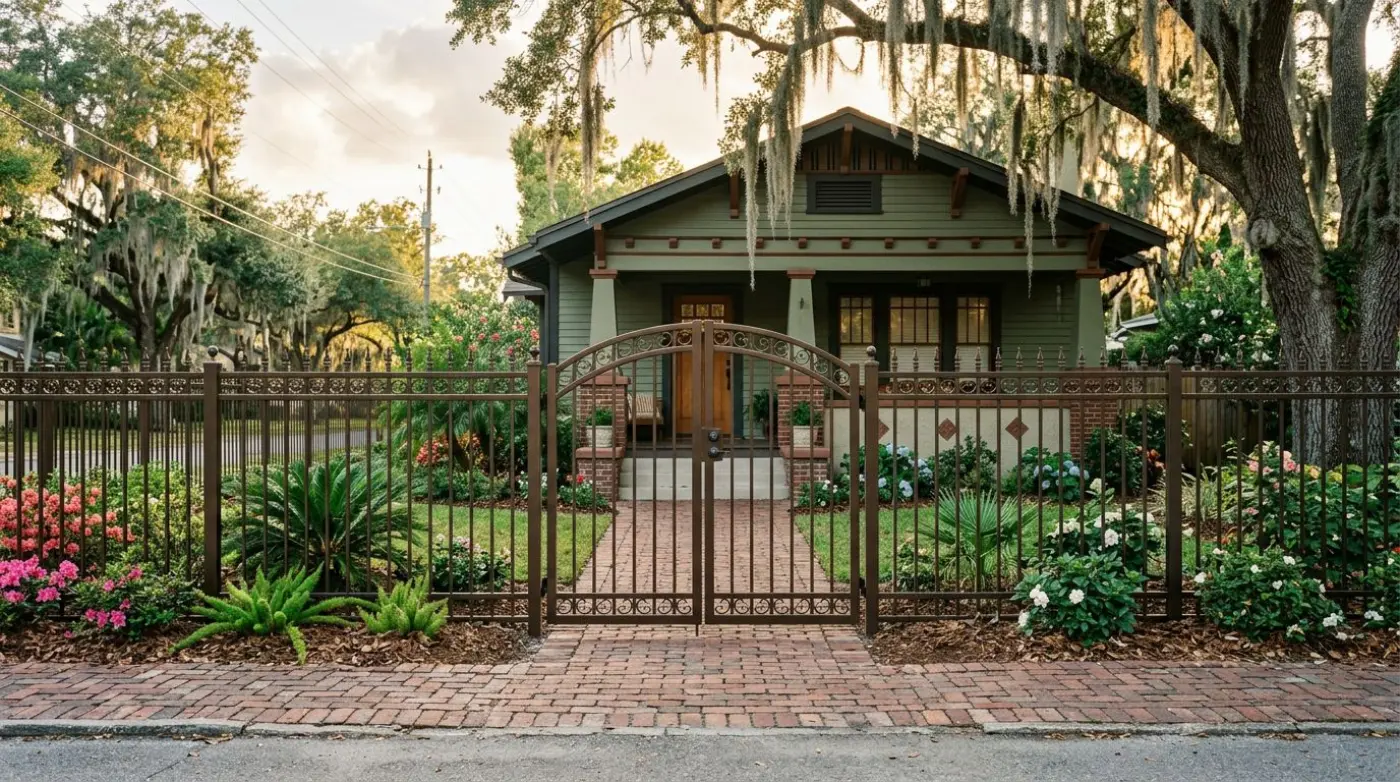 Bronze aluminum fence with an arched double gate in front of a craftsman bungalow