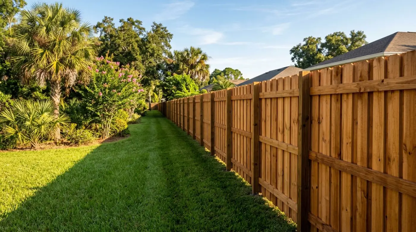 Long new cedar shadowbox privacy fence along a backyard lawn
