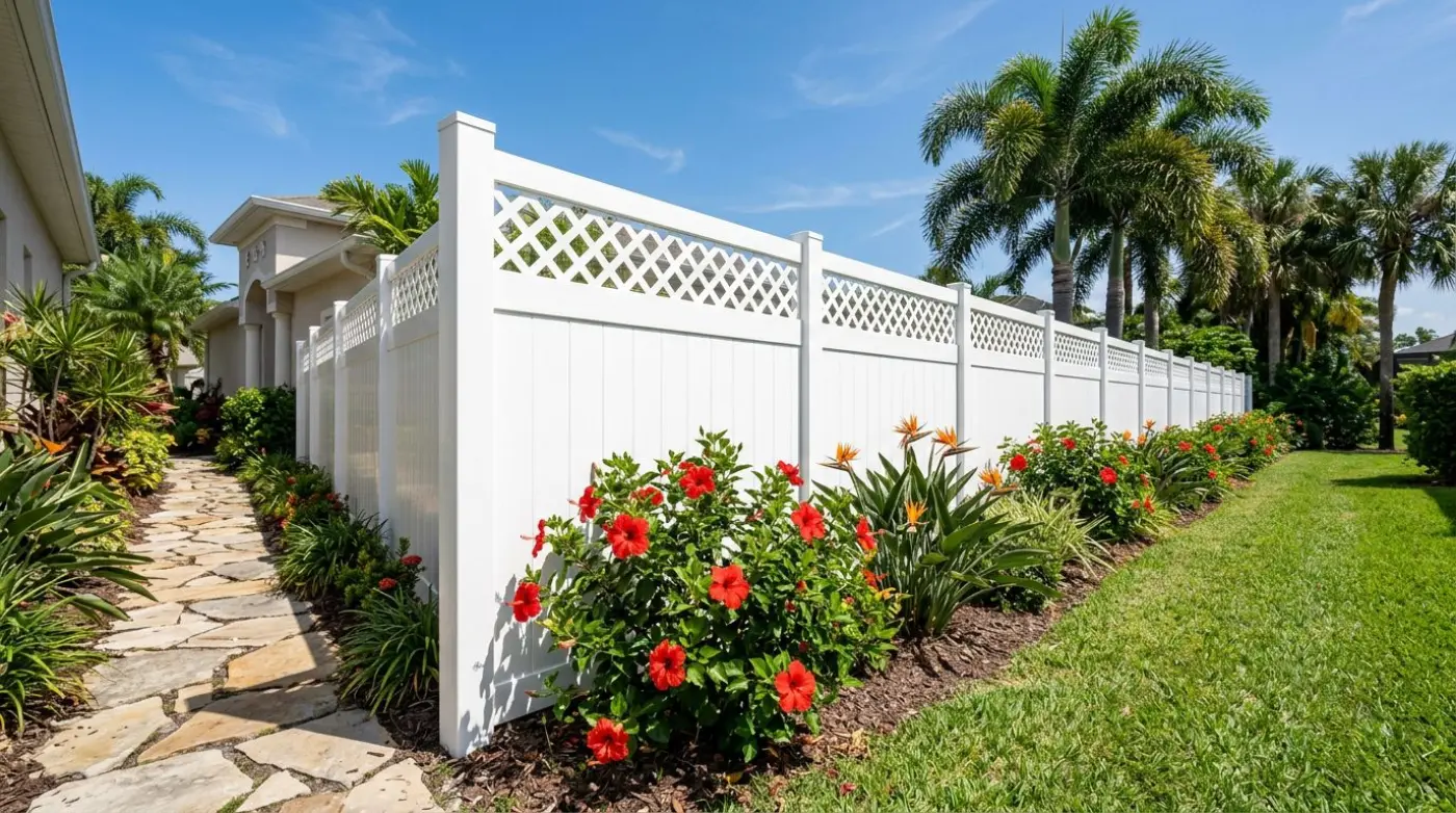White vinyl privacy fence with lattice top along a Florida side yard