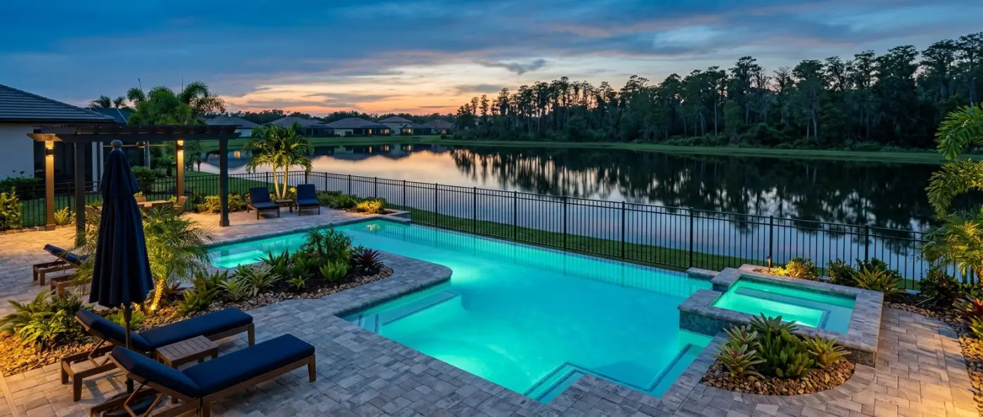 Black aluminum pool fence around a lit backyard pool at dusk