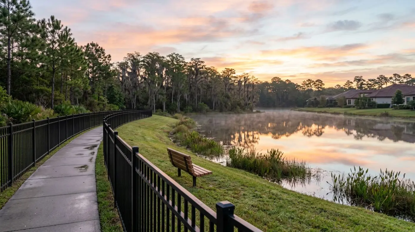 Black aluminum fence along a calm pond at sunrise
